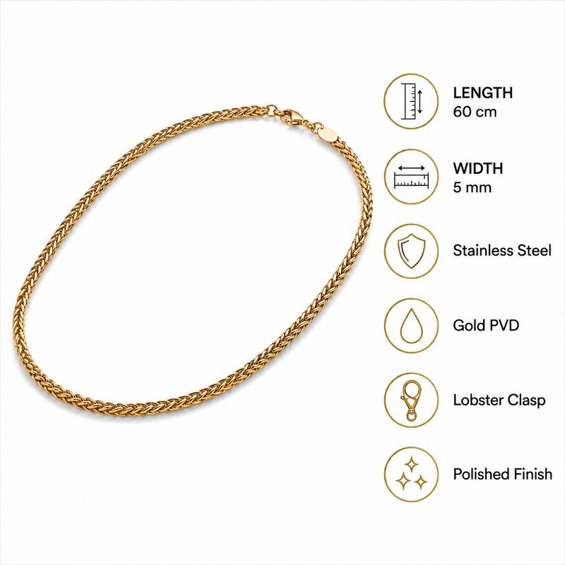 Gold stainless steel wheat chain size and material specifications