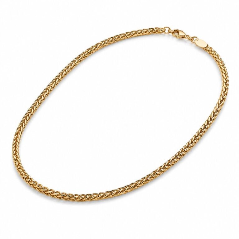 Men's gold stainless steel wheat chain necklace, 5 mm width and 60 cm length, 45-degree view
