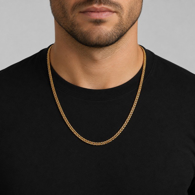 Man wearing gold stainless steel wheat chain necklace