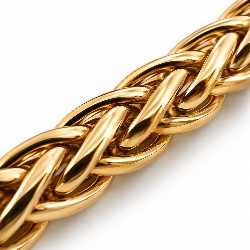 Polished gold PVD stainless steel wheat chain macro detail