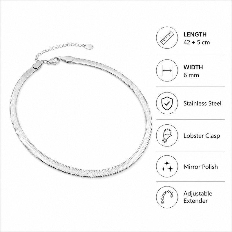 Stainless steel herringbone necklace specifications, 42 plus 5 cm length and 6 mm width
