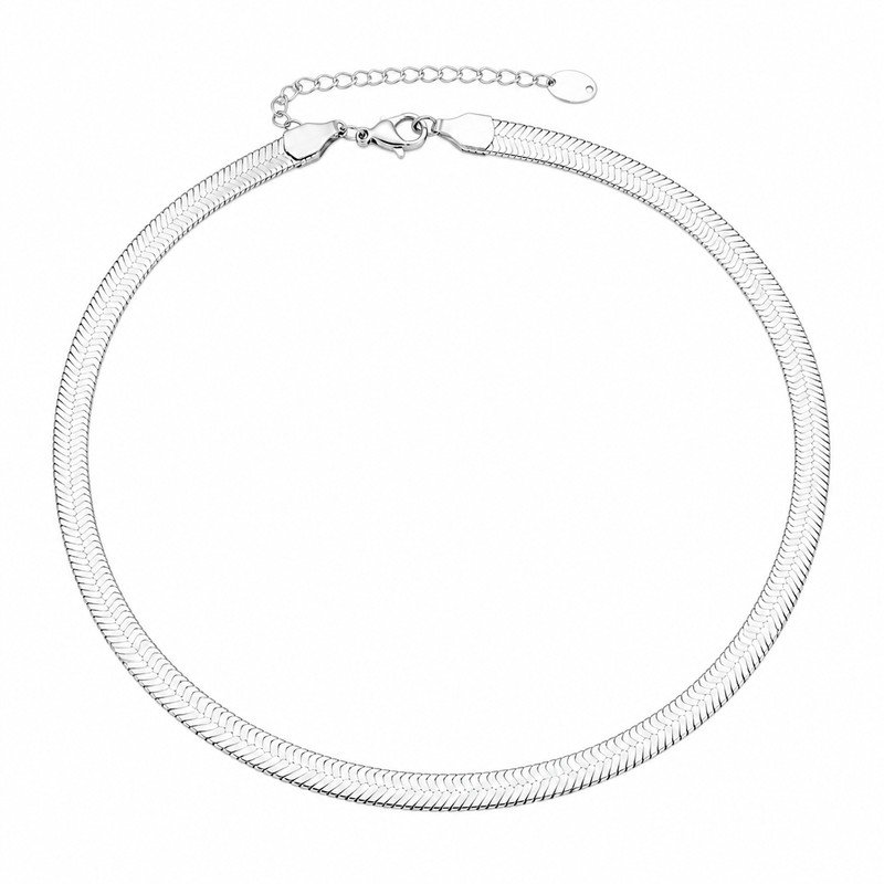 Silver stainless steel herringbone chain necklace front view on white background
