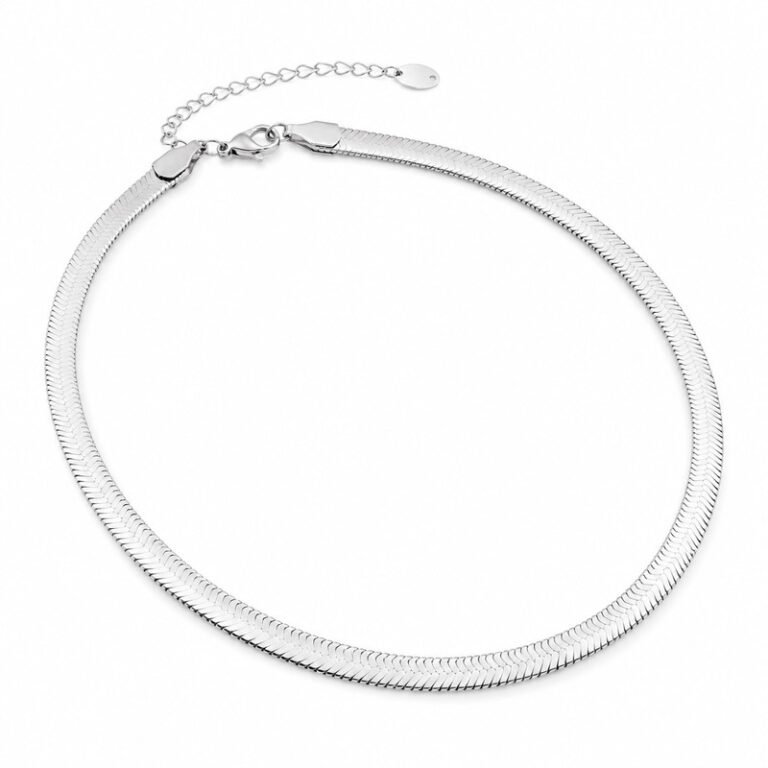 Women's silver stainless steel herringbone chain necklace, 6 mm width and 42 plus 5 cm adjustable length