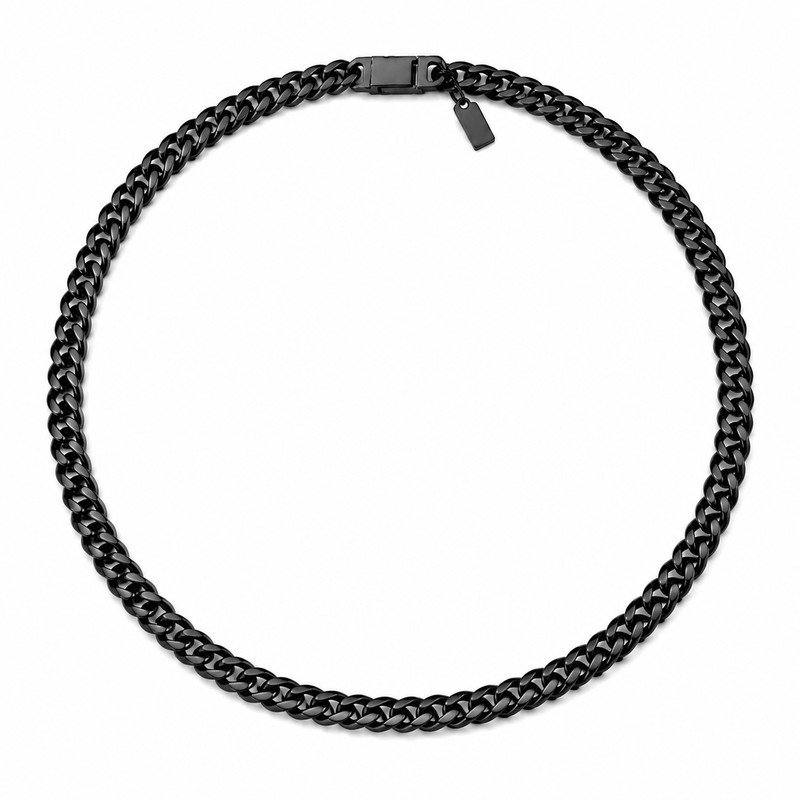 Black stainless steel Cuban chain necklace front view on white background