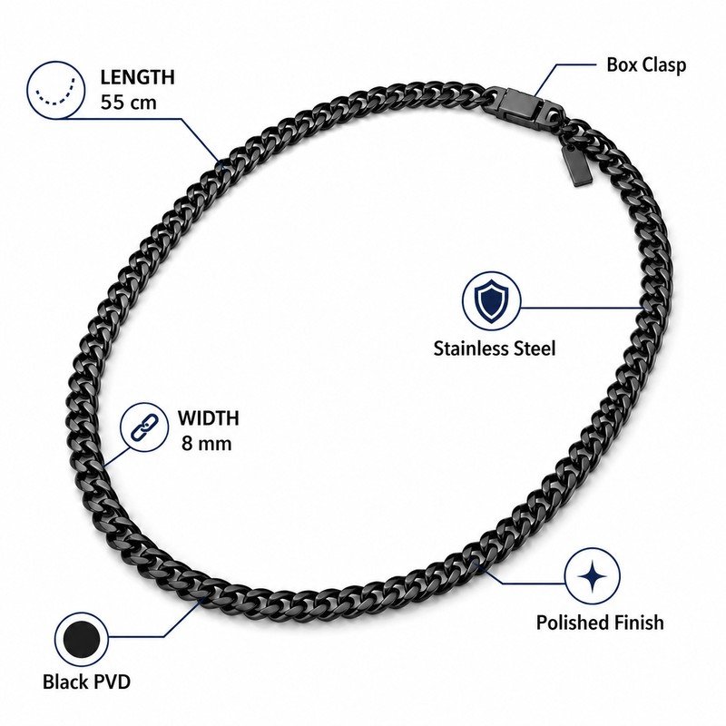 Black stainless steel Cuban chain specifications, 55 cm length and 8 mm width