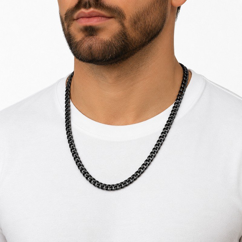 Man wearing a black stainless steel Cuban chain necklace