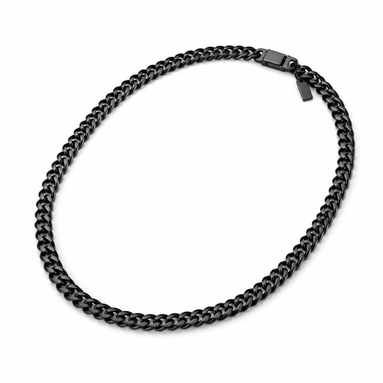 Men's black stainless steel Cuban chain necklace, 8 mm width and 55 cm length, 45-degree view