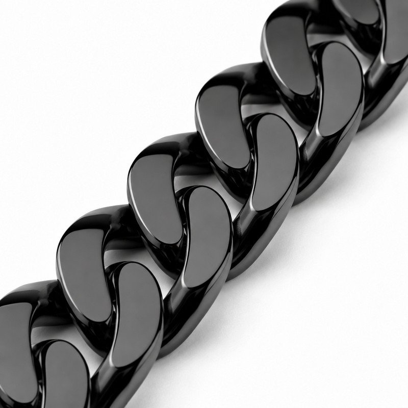 Polished black PVD stainless steel Cuban link craftsmanship macro detail