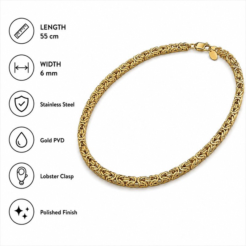 Gold stainless steel Byzantine chain size and material specifications