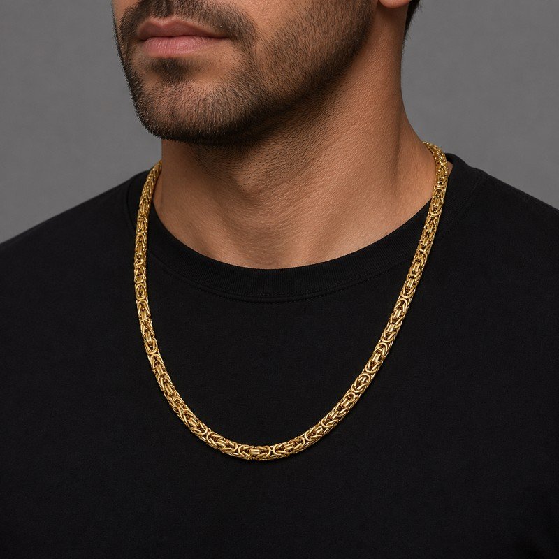 Man wearing gold stainless steel Byzantine chain necklace