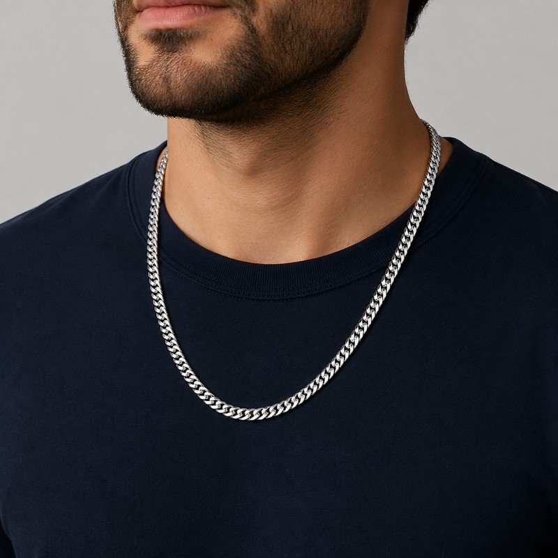 Man wearing silver stainless steel Franco chain necklace