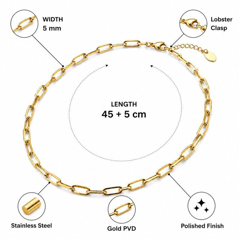 Gold stainless steel paperclip chain size and material specifications