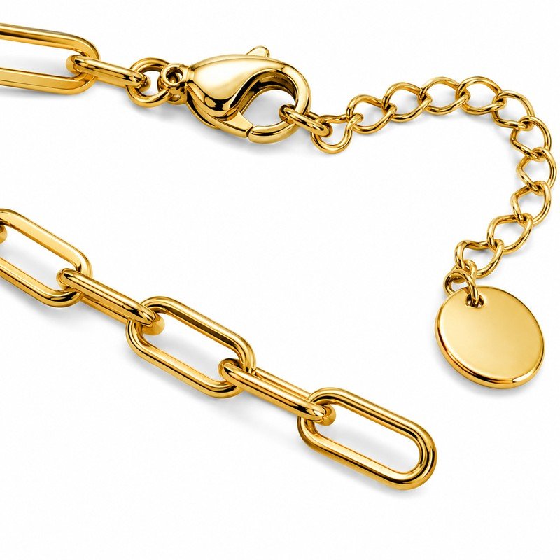 Gold stainless steel paperclip chain clasp and extender detail