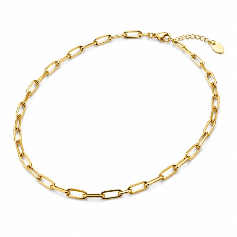 Women's gold stainless steel paperclip chain necklace, 5 mm width and 45 plus 5 cm length