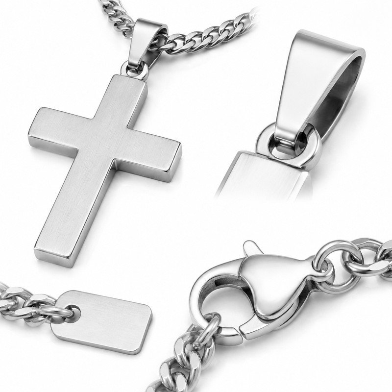 Stainless steel cross pendant bail and lobster clasp structure detail