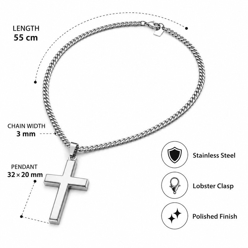 Stainless steel cross pendant necklace size and material specifications