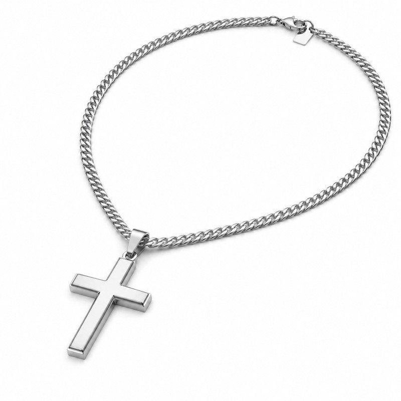 Men's silver stainless steel cross pendant necklace, 55 cm curb chain and beveled cross