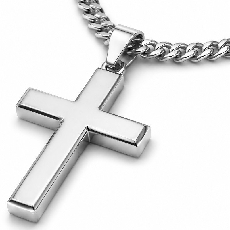Polished stainless steel cross pendant craftsmanship macro detail