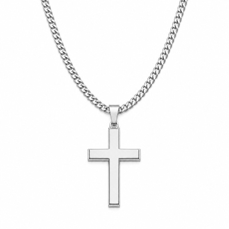 Silver stainless steel cross pendant necklace front view