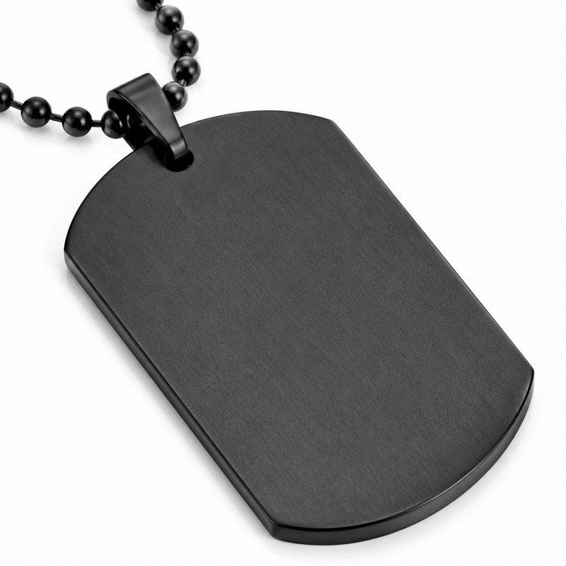 Black stainless steel dog tag bail and ball-chain structure detail