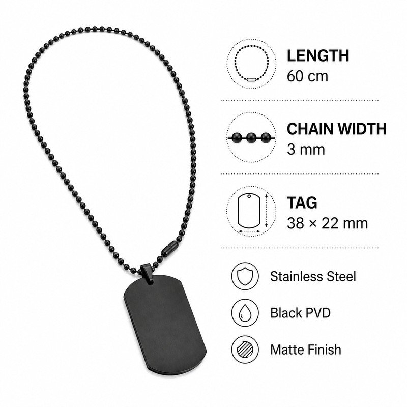 Black stainless steel dog tag necklace size and material specifications