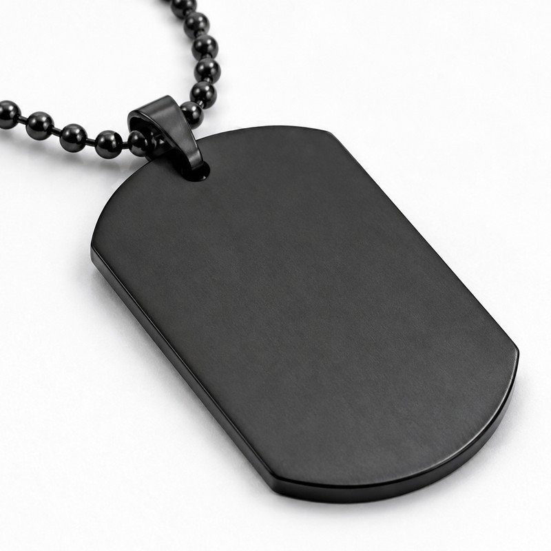 Matte black PVD stainless steel dog tag craftsmanship macro detail