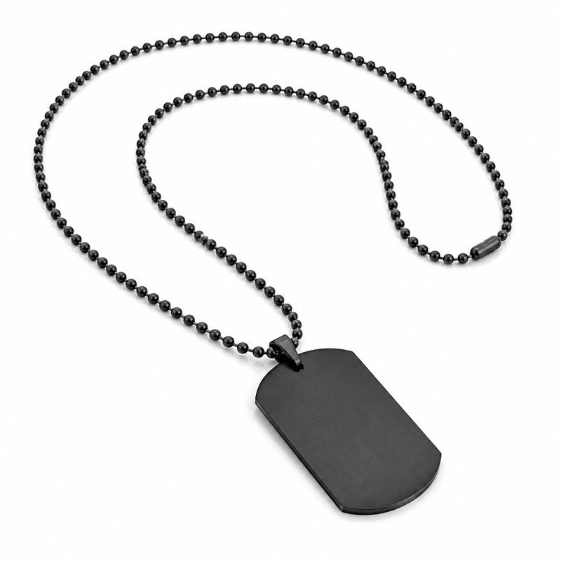 Men's black stainless steel dog tag necklace, 60 cm ball chain and blank matte tag