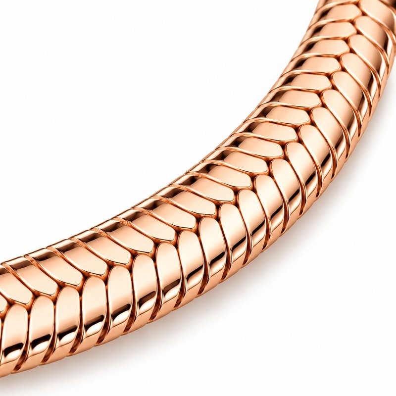 Polished rose gold Stainless Steel snake chain link and edge craftsmanship macro detail