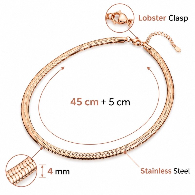 Rose gold snake chain necklace specifications showing 45 cm plus 5 cm, 4 mm, Stainless Steel and lobster clasp