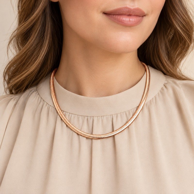 Adult woman wearing a rose gold 4 mm Stainless Steel snake chain necklace at collarbone length