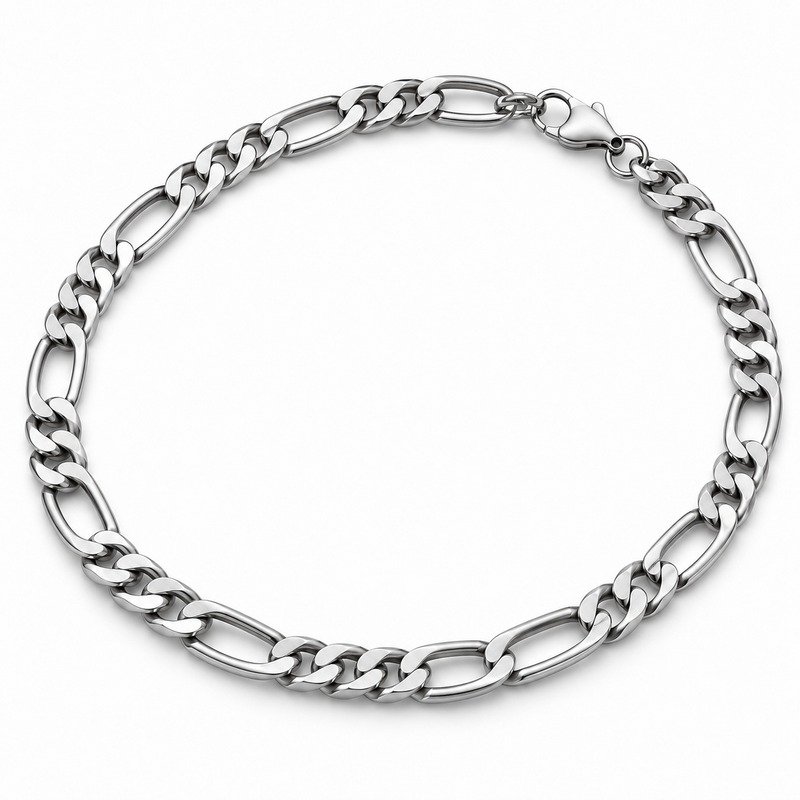 Silver Stainless Steel Figaro chain lobster clasp and reverse link construction detail