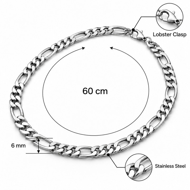 Silver Figaro chain necklace specifications showing 60 cm, 6 mm, Stainless Steel and lobster clasp