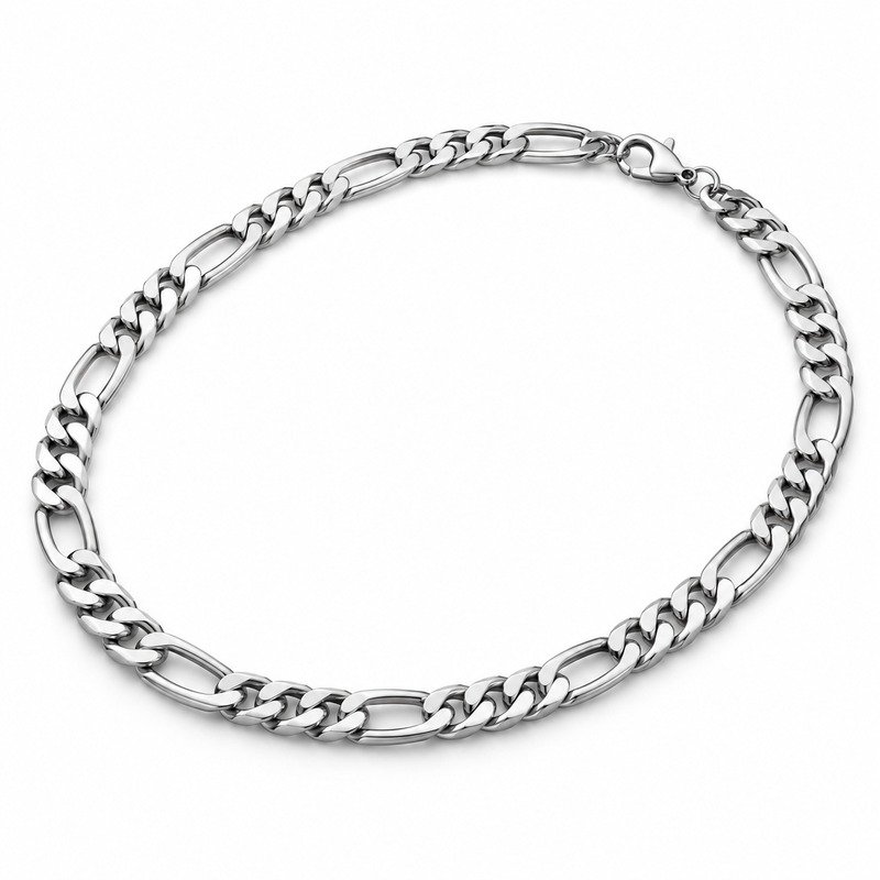Men's silver Stainless Steel Figaro chain necklace, 6 mm wide and 60 cm long, 45-degree white background view