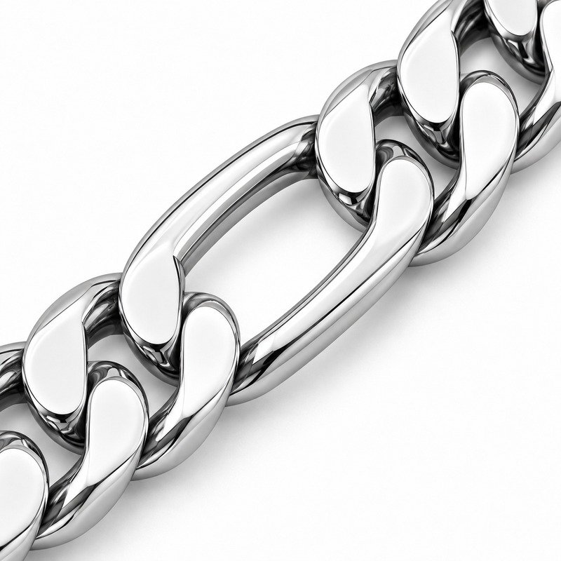 Polished silver Stainless Steel Figaro links with smooth edge craftsmanship macro detail