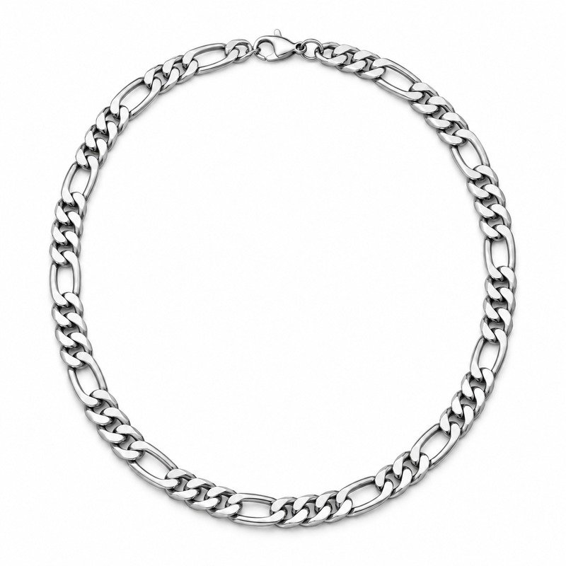 Silver Stainless Steel Figaro chain necklace straight-on front view on white background