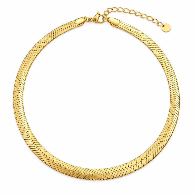 Gold Stainless Steel herringbone chain necklace straight-on front view on white background