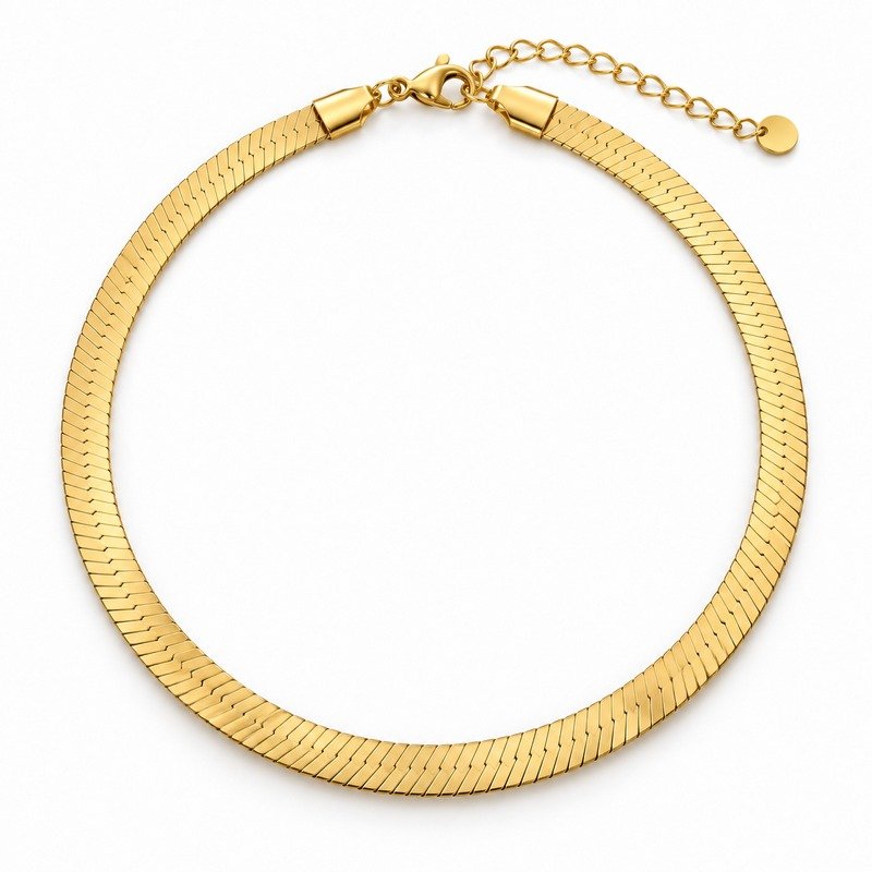 Gold Stainless Steel herringbone chain reverse surface, lobster clasp and extender detail