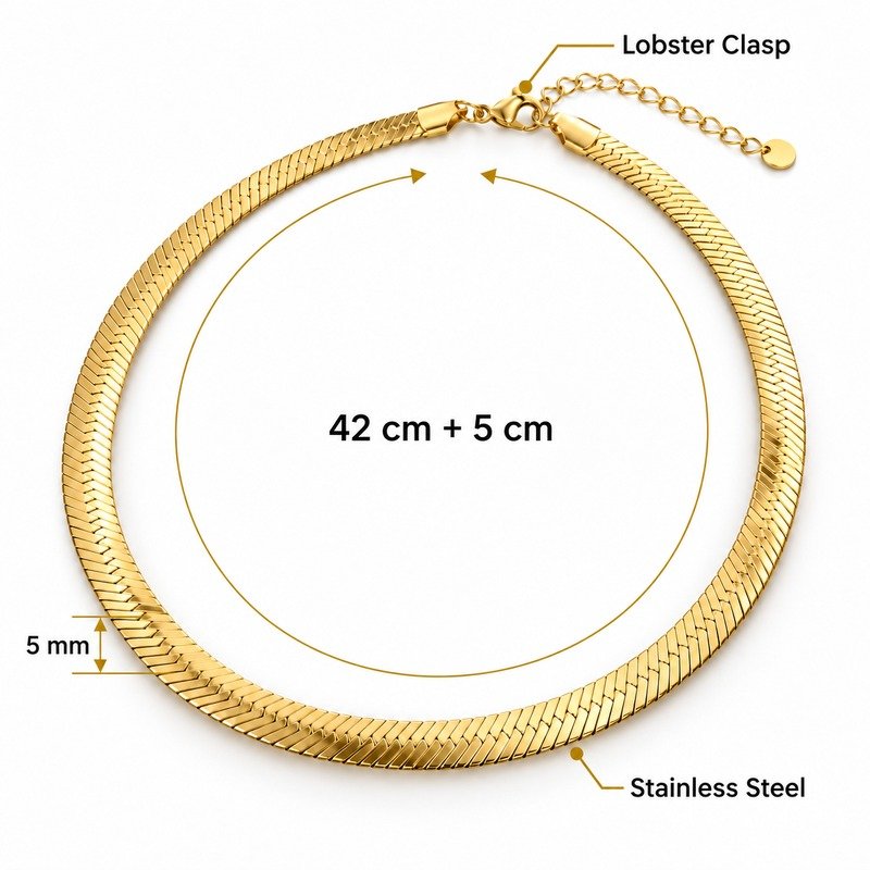 Gold herringbone chain specifications showing 42 cm plus 5 cm, 5 mm, Stainless Steel and lobster clasp