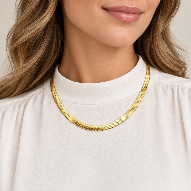 Adult woman wearing a gold 5 mm Stainless Steel herringbone chain necklace
