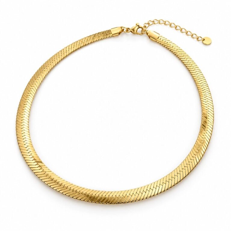 Women's gold Stainless Steel herringbone chain necklace, 5 mm wide, 42 cm plus 5 cm extender, 45-degree white background view