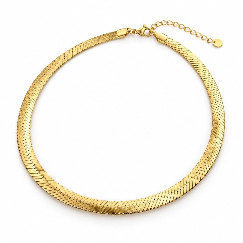 Women's gold Stainless Steel herringbone chain necklace, 5 mm wide, 42 cm plus 5 cm extender, 45-degree white background view