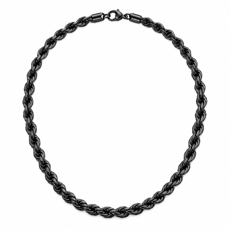 Black Stainless Steel rope chain necklace straight-on front view on white background