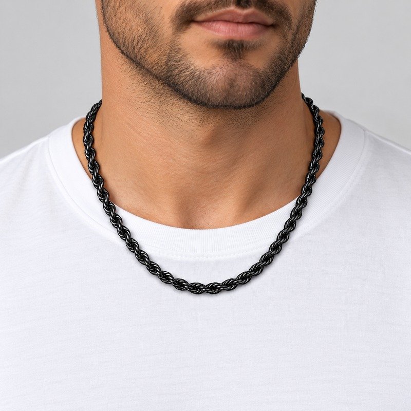 Adult man wearing a black 5 mm Stainless Steel rope chain necklace