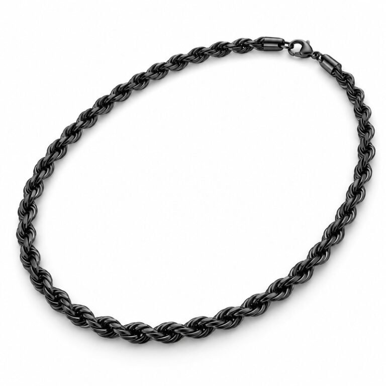 Men's black Stainless Steel rope chain necklace, 5 mm wide and 60 cm long, 45-degree white background view