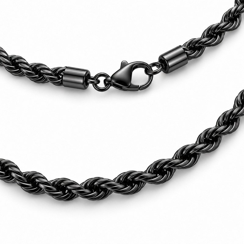 Black Stainless Steel rope chain lobster clasp and twisted-link construction detail