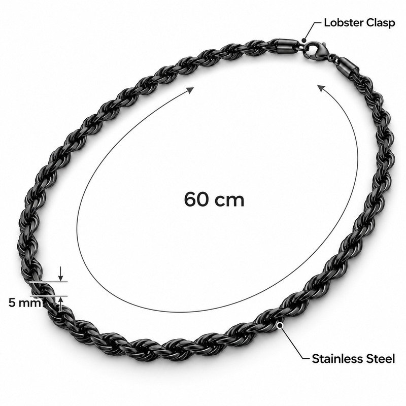Black rope chain specifications showing 60 cm, 5 mm, Stainless Steel and lobster clasp