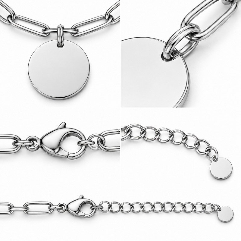 Silver Stainless Steel disc pendant back, bail, clasp and extender construction detail