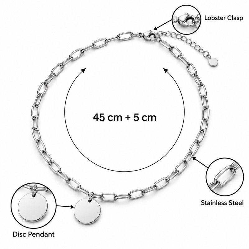 Silver paperclip disc necklace specifications showing 45 cm plus 5 cm, Stainless Steel and lobster clasp