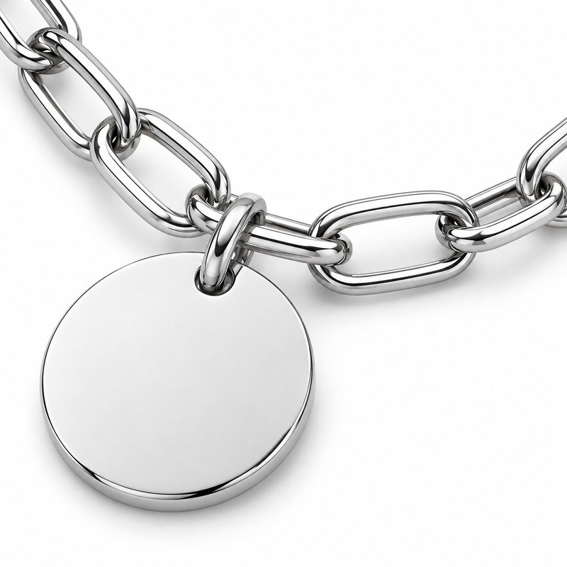 Polished silver Stainless Steel paperclip links and blank round disc craftsmanship macro