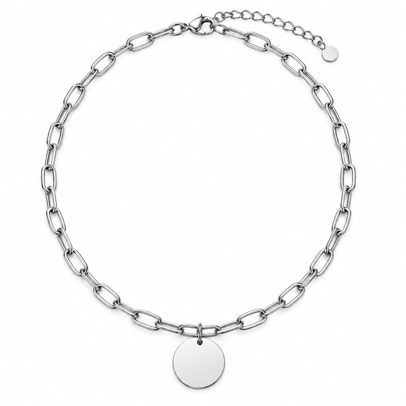 Silver Stainless Steel paperclip chain and round disc pendant necklace front view
